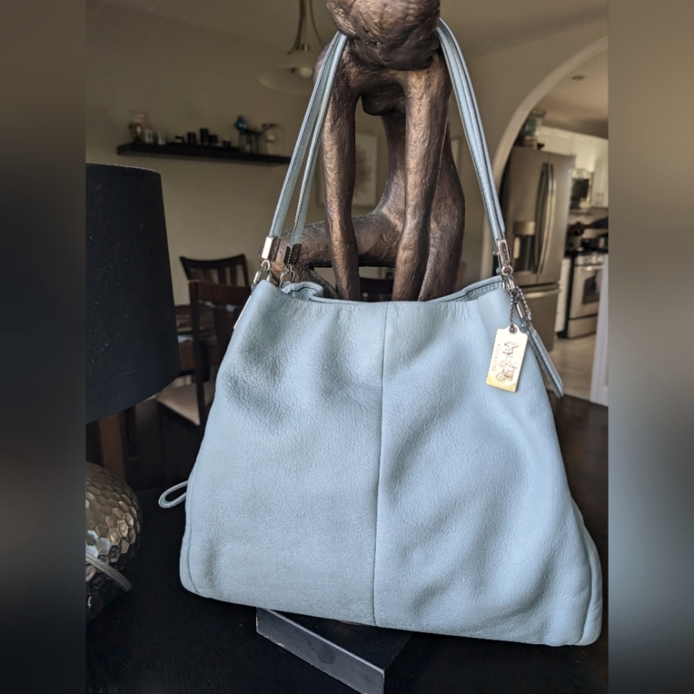 Coach Blue Leather Shoulder Bag with Silver Hardware